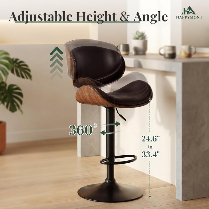 Bar Stools Set of 2, Adjustable Height 24-33'' Swivel Bar Chairs | PU Leather Upholstered Barstools with Removable Back for Kitchen Island Dining Room, Brown
