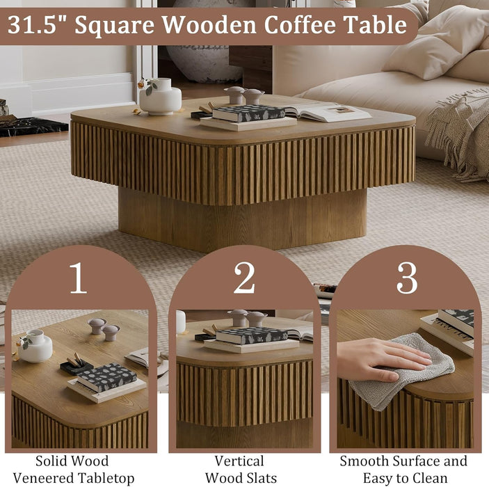 31.5 Inch Square Drum Coffee Table with Storage, Modern Handcraft Fluted Drum Coffee Table, Wooden Square Center Table Cocktail Tea Table with Sturdy Pedestal for Living Room Apartment (Brwon)