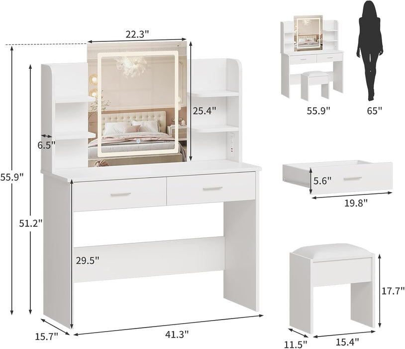 Vanity Desk with Mirror and Lights, Makeup Vanity Set with Cushioned Stool, Power Outlet, Makeup, 6 Storage Shelves, 2 Large Drawers and 3 Color Adjustable Brightness, White