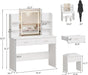 Vanity Desk with Mirror and Lights, Makeup Vanity Set with Cushioned Stool, Power Outlet, Makeup, 6 Storage Shelves, 2 Large Drawers and 3 Color Adjustable Brightness, White