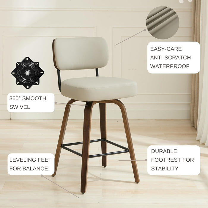 Swivel Bar Stools Set of 3, 26" Counter Height, Beige Grey | Walnut Wood Legs, Upholstered Seat, Supportive Backrest, Easy-Clean Faux Leather, Mid-Century Modern, 4-Inch Cushion