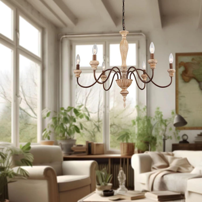 French Country Six Light Distressed Wood Chandelier