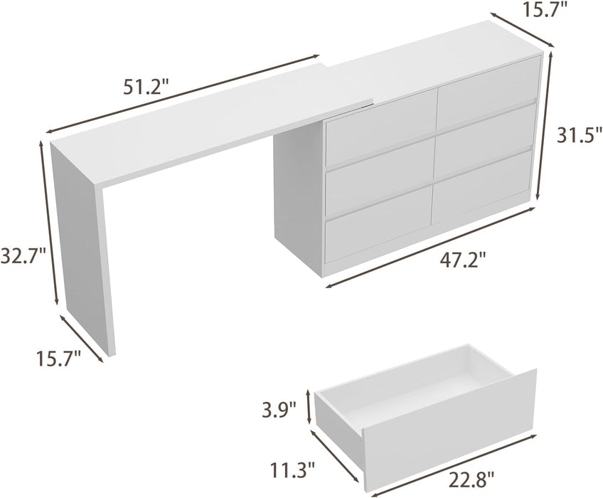 6 Drawer Dresser with Rotatable Tabletop, Modern Chest of Drawers with Extendable Desk (No More than 98" W), Drawer Organizer for Bedroom Home Office, White Dresser