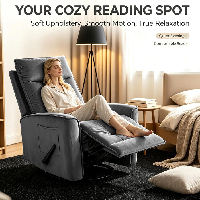 Swivel Rocker Recliner Chair, Rocking Chair, Small Swivel Recliner for Small Spaces, Living Room, Rv(Dark Grey)