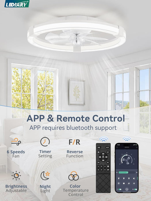 Ceiling Fans with Lights, 20 Inch Low Profile Ceiling Fan with Remote, 6 Speeds, Reversible, Dimmable Flush Mount Fan Light, Modern Fandelier Ceiling Fan with Lights for Bedroom, White