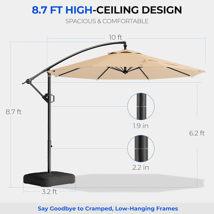 10Ft Cantilever Patio Umbrella with Base Included, 30 MPH Wind-Resistant Offset Outdoor Hanging Umbrella with 45 Degree Infinite Tilt and Smooth Crank, 260Gsm Solution-Dyed 8-Year Fade-Resistant Canopy for Backyard Pool Deck, Beige