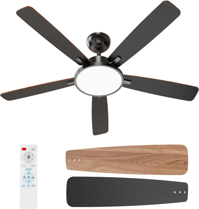 52 Inch Black Ceiling Fans with Lights Led Remote Control Flush Mount Low Profile for Bedroom Living Dining Room Outdoor Farmhouse Patio,Reversible,Dc Motor,Diammable,Buzzer On/Off,5 Blades