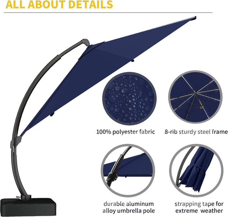 11Ft Offset Cantilever Patio Umbrella with Solar Lights, Large round Outdoor Umbrella with Base Included, Aluminum Frame, 360° Rotation & Infinite Tilt for Deck Pool Backyard, Navy Blue