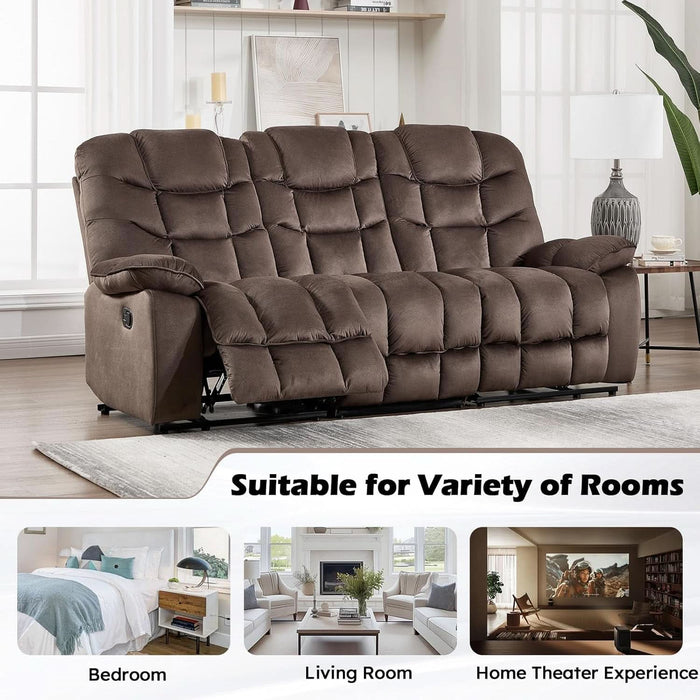 3 Seat Manual Reclining Sofa, Soft Fabric Recliner Couch with Padded Headrest and Armrests, 85" Wide Overstuffed 3-Seater Recliner Couches for Living Room, Brown