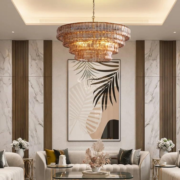 36" Smoked Gold round Drum Chandelier, 6-Light Modern Hanging Light Fixture for Dining Room, Living Room, Bedroom, Foyer