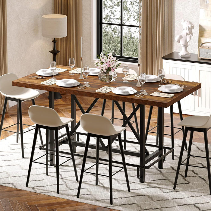 Dining Table for 6 People, Industrial Rectangular Kitchen Table with Metal Footrest, 35.43" Counter Height Dinner Table for Dining Room (Rustic Brown)