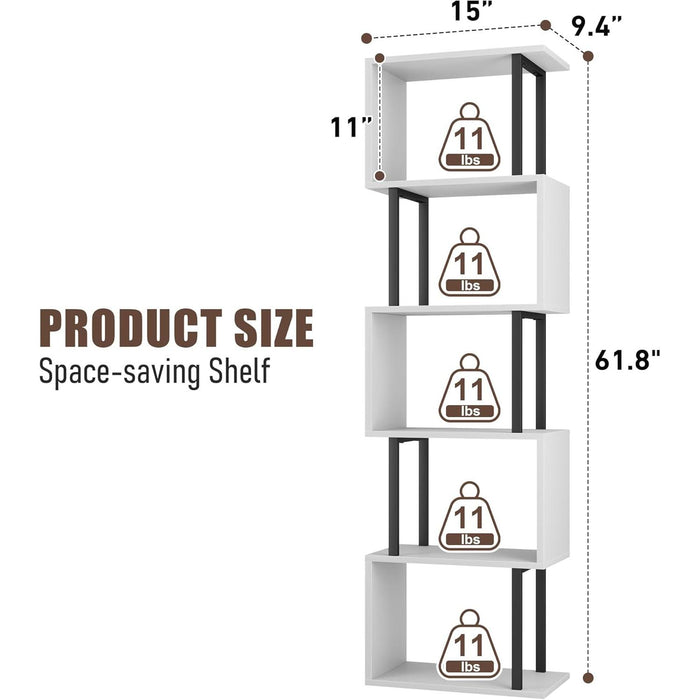 5-Tier Bookshelf, Narrow S-Shaped Geometric Bookcase, Wood Decorative Storage Shelving, Modern Freestanding Display Shelves, Book Shelf Unit for Living Room Bedroom Home Office, White