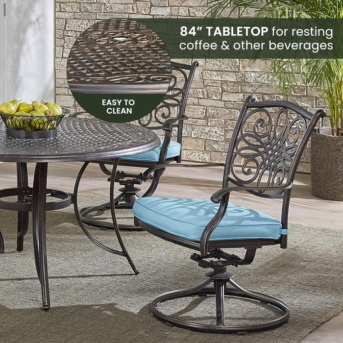 Traditions 5-Piece Rust Resistant Aluminum Patio Dining Set with Blue Cushions, Swivel Rockers and Aluminum round Dining Table, Outdoor Dining Set for 4
