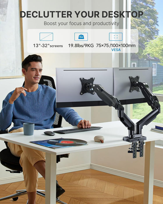 Dual Monitor Stand - Full Adjustable Monitor Desk Mount Swivel Vesa Bracket with C Clamp, Grommet Mounting Base for 13 to 32 Inch Computer Screens - Each Arm Holds 4.4 to 19.8Lbs