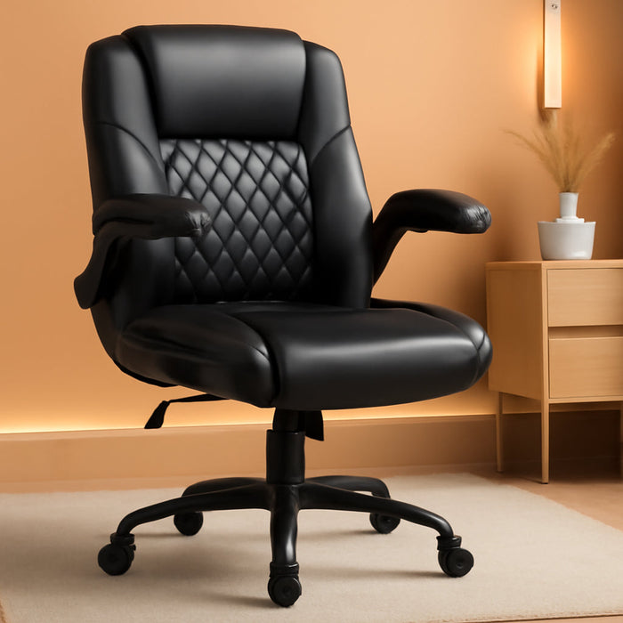 Leather Office Chair, PU Home Computer Desk Chairs with Ergonomic Back Support, 360°Swivel Free，Small Gmaing Chair with Wheels and Adjustable Armrests, for Short People Use, Black
