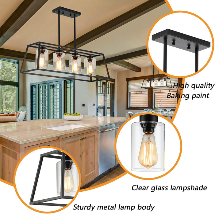 Black Farmhouse Chandeliers for Dining Room, Rustic Kitchen Island Light Fixture, 4-Light Linear Pendant Lights Kitchen Island with Glass Shade ，Apply to Dining Room Light Fixtures over Table