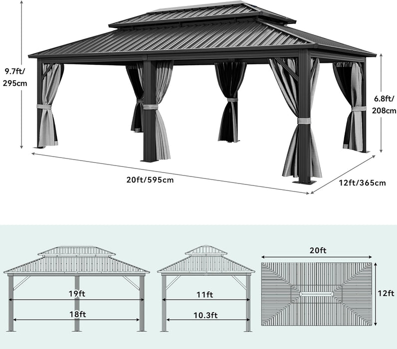 12X20FT Hard Top Metal Gazebo Patios Double Roof Canopy Aluminum Frame Garden Gzebo Tent Curtains Netting for Patios Backyards Decks Lawns