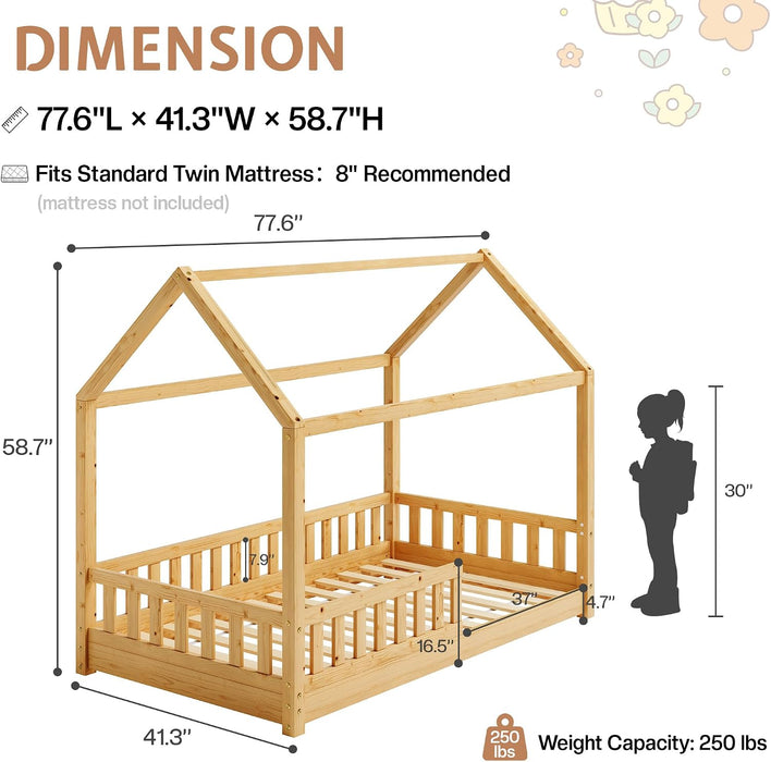 Twin Size NaturalWood PlayhouseStyle Bed Guardrails