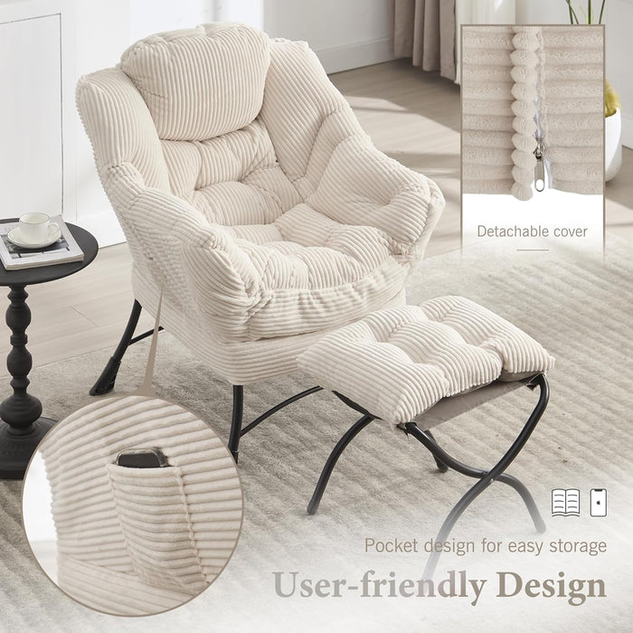 Lazy Chair with Ottoman Bedroom Chairs for Adults Modern Lounge Accent Chair with Armrests, Ergonomic Footrest for Small Spaces, Comfy Reading Chair for Living Room, Bedroom, Office White