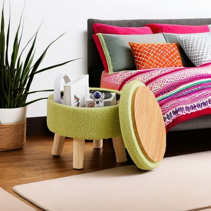 Storage Ottoman, Modern round Footrest with Soft Padded Seat, Teddy Velvet Footstool with Wood Legs, Accent Small Table or Plant Stand for Hallway, Living Room (Brilliant Green)