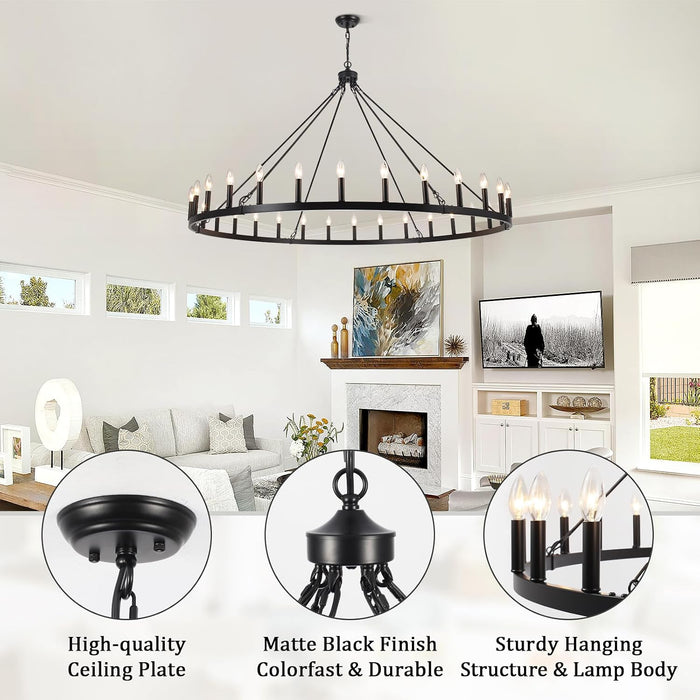 30 Lights Black Extra Large Wagon Wheel Chandelier, 60 Inch Farmhouse Industrial Ceiling Light Fixture for High Ceiling Outdoor Porch Living Dining Room Foyer Entryway, E12