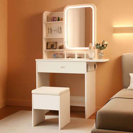 Small Vanity Desk with Mirror and Lights, Makeup Vanity with Charging Station, Compact Dressing Table Set with Storage Chair, Drawer and Shelves for Bedroom, White
