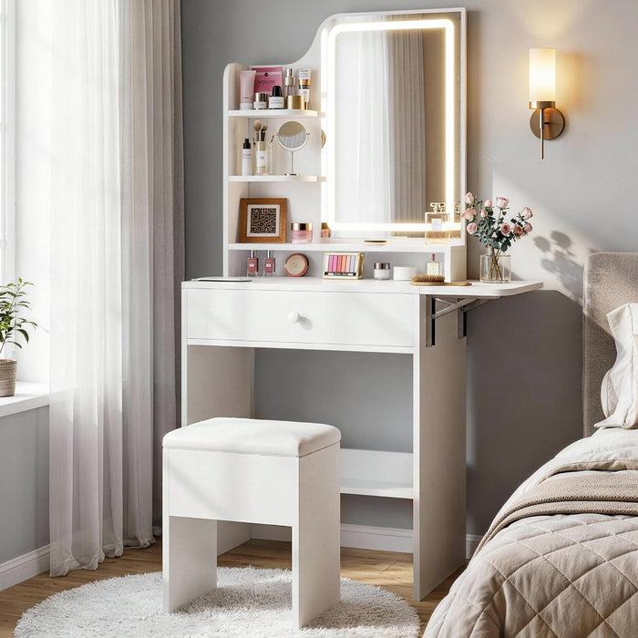 Small Vanity Desk with Mirror and Lights, Makeup Vanity with Charging Station, Compact Dressing Table Set with Storage Chair, Drawer and Shelves for Bedroom, White