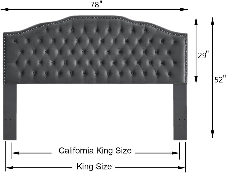 Upholstered Button Tufted King Size Headboard with Nailhead Trim, Soft Velvet Fabric Headboard King/Cal King Size -Dark Gray