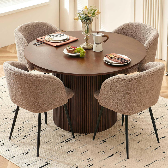5-Piece Wooden round Dining Room Table and Chair Set, 47-Inch Kitchen Table with Barrel Chairs for 4, Brown Upholstered Sherpa Dining Set, MDF Core with Walnut Finish