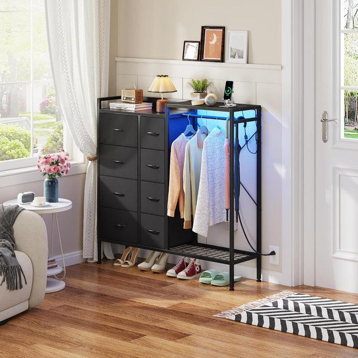 8-Drawer Dresser with Hanging Rack for Bedroom, Black, 11.8" D