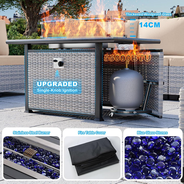 18-Piece Patio Furniture Set, Outdoor Patio Furniture with 55,000 BTU Fire Pit Table, Swivel Chairs Set, Thick Cushions, Modular Patio Sofa, Dual-Strand Wicker Rattan, Rust-Resistant Frame,Khaki