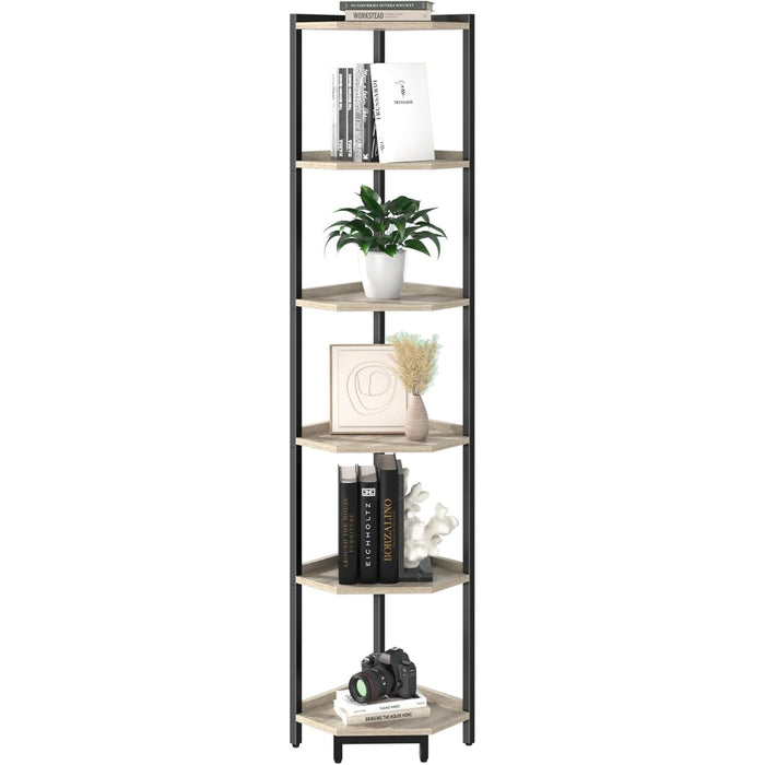 Corner Shelf Stand, Corner Bookshelf, Storage Standing Shelf Unit with Metal Frame, Plant Stand, Corner Bookcase for Living Room, Home Office, Bedroom, 6-Tier Greige CS06005B