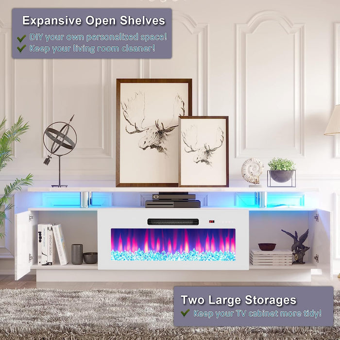 Fireplace TV Stand with 36" Fireplace, 70" Modern Fireplace Entertainment Center LED Lights, 2 Tier TV Console Cabinet for Tvs up to 80", White & White