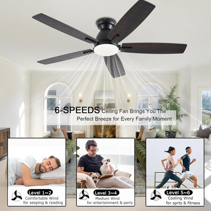 52 Inch Brown Modern Ceiling Fans with Lights, Low Profile Ceiling Fan with Remote/App Control, DC Reversible Motor, Dimmable LED Ceiling Fans for Bedroom,Indoor/Outdoor