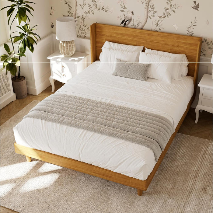 Queen Size Solid Wood Bed Frame with Wingback Headboard, Walnut Brown Finish, Platform Bed Frame, No Box Spring Required