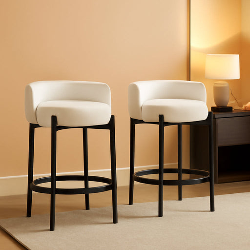 Counter Height Bar Stools 26" round Barstools Set of 2, Modern Faux Leather Counter Stools with Black Metal Legs for for Kitchen Island Counter, Small Space, White