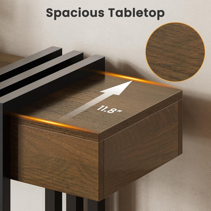 63" Long Console Table for Entryway - behind Couch Table for Living Room, Wood Sofa Tables with Black Parallel Metal Frame & Power Outlet for Hallway, Entrance, Narrow Foyer, Walnut