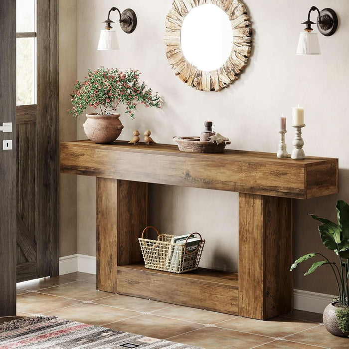 63" Console Table, Farmhouse 2-Tier Entryway Table with U-Shaped Base, Narrow Long Wood Sofa Table behind Couch Table for Living Room, Hallway, Foyer, Vintage Brown
