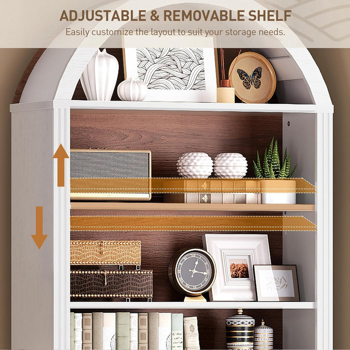Arched Bookshelf, 75.8" Tall Arch Bookcase with Storage, 6-Tier Farmhouse Book Shelf, Arched Cabinet, Wooden Bookshelf with Open Display Shelves, Adjustable Shelf, Office, Walnut and White