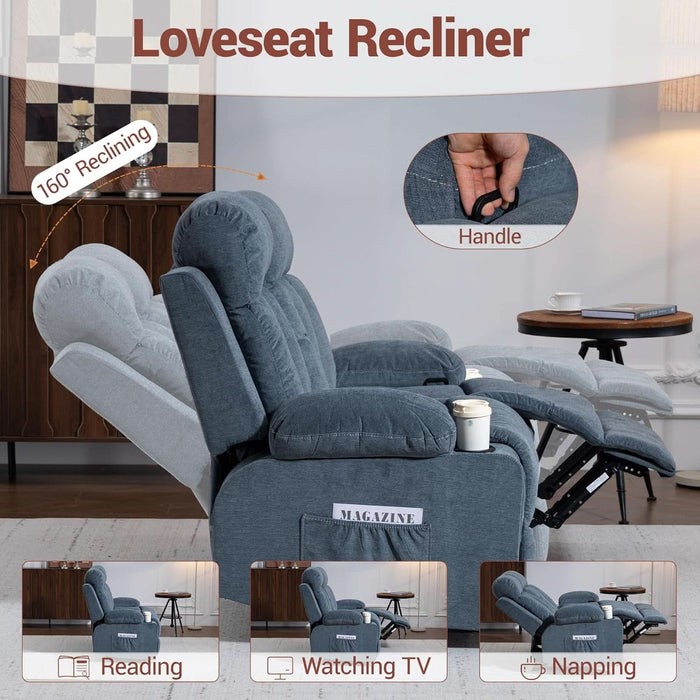 Reclining Loveseat with Cup Holders, 2 Seats Manual Recliner Chair, Comfy Love Seat Sofa Couch for Living Room, Home Theater, Office, Blue