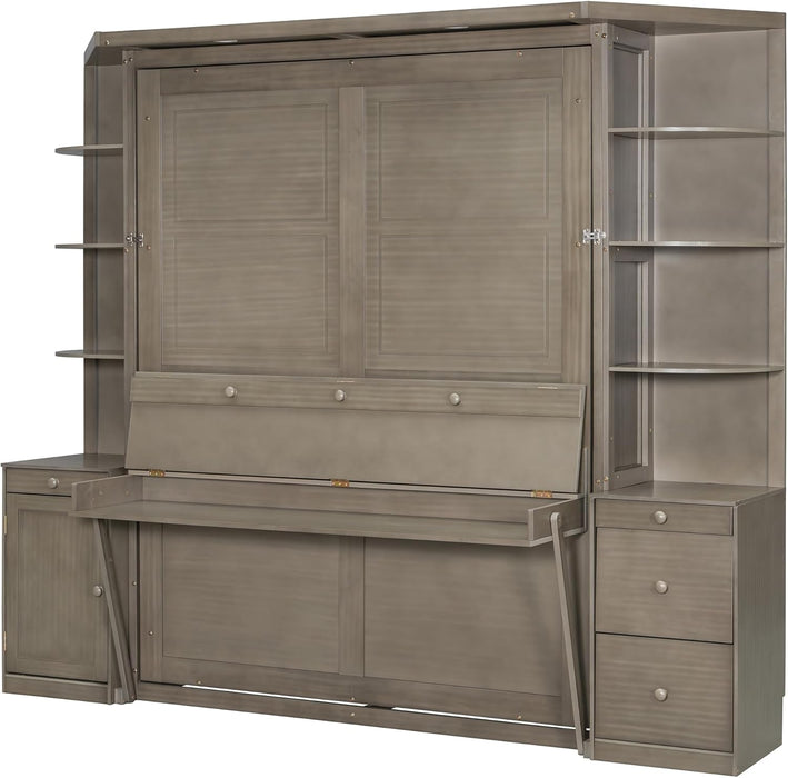 Queen Size Murphy Bed with Desk and Storage, Hidden Foldable Wall Bed with Foldout Workstation, Shelves and Cabinets for Space-Saving Home Office Guest Room, Gray