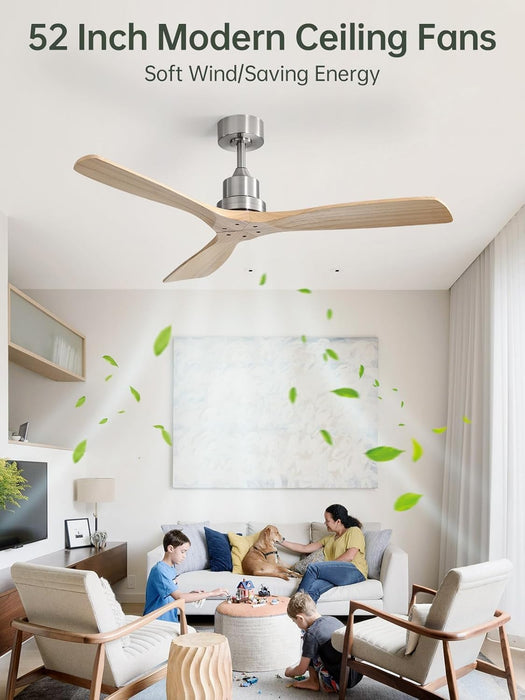 52 Inch Ceiling Fans No Light-Outdoor Ceiling Fan with Remote Control, Modern Wood Ceiling Fan without Light for Bedroom Indoor Patios Farmhouse,Reversible DC Motor,Brushed Nickel&Natural Wood