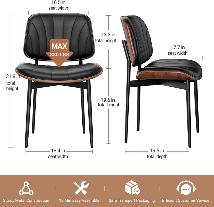 Dining Chairs Set of 6, Mid-Century Modern Upholstered PU Leather Chairs with Walnut Bentwood Back and Metal Legs Adjustable Feet for Kitchen Dining Room, Black Shell Strips