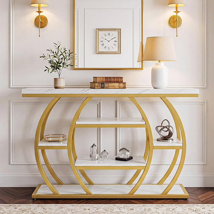 Modern Console Table, 41.3" Narrow Entryway Table with Storage Shelves & Faux Marble Top, 5-Tier Sofa Tables behind Couch with Arched Metal Frame for Living Room, Hallway (Gold & White)