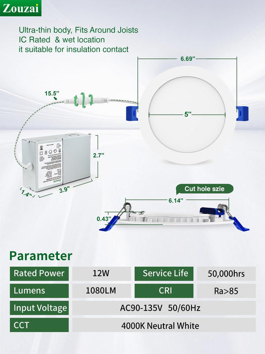 24 Pack Ultra-Thin LED Recessed Ceiling Light, 6 Inch 4000K Cool White with Junction Box, 12W 120W Eqv, Dimmable Can-Killer Downlight, 1050LM High Brightness - ETL and Energy Star Certified