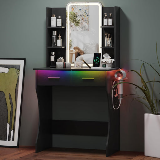 Small Black Vanity Desk with Mirror and Lights for Women Girls | Vanity Mirror with Lights, 3 Lighting Adjustable, LED Light Strips, Built-In Power Outlet, Compact Dressing Table for Girls