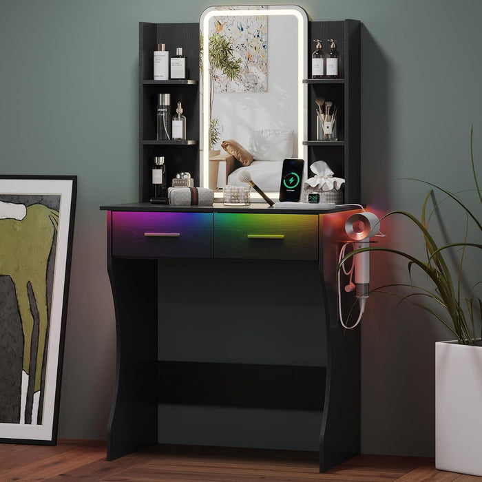 Small Black Vanity Desk with Mirror and Lights for Women Girls | Vanity Mirror with Lights, 3 Lighting Adjustable, LED Light Strips, Built-In Power Outlet, Compact Dressing Table for Girls