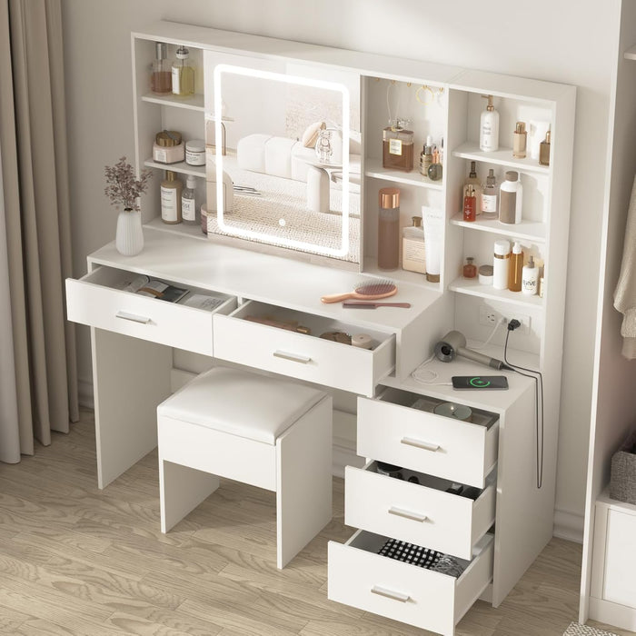 Vanity Desk with Mirror and Lights, Makeup Vanity with 5 Drawers, Makeup Desk with Charging Station and Ample Storage, Dressing Table with Chair for Bedroom Room (White)