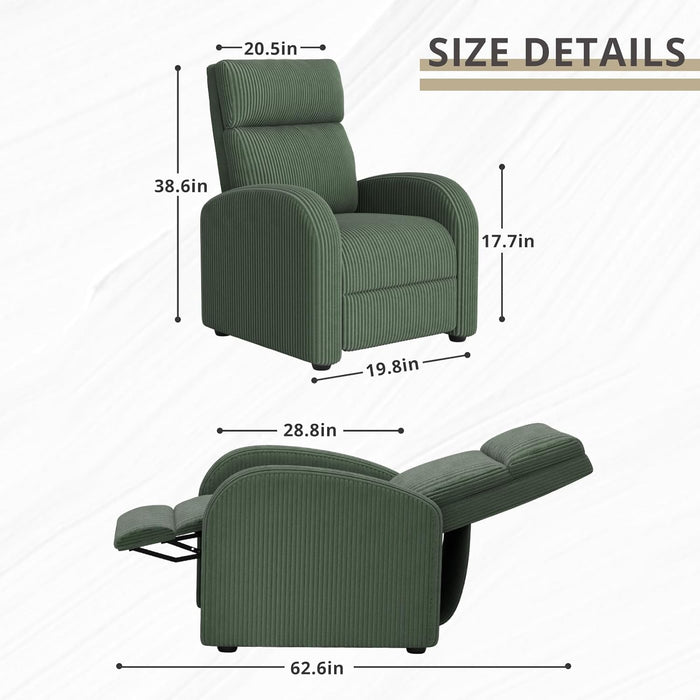 Recliner Chair Adjustable Home Theater Single Recliner Sofa Furniture with Thick Seat Cushion and Backrest Modern Living Room Recliners (Corduroy, Green)