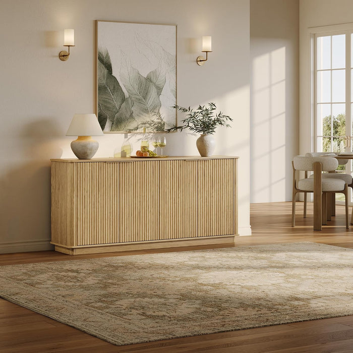63" Fluted Sideboard Buffet Cabinet with Storage, Oak Modern Wood Credenza Media Console with 4 Doors, Mid Century Sideboard for Living Room Kitchen Entryway